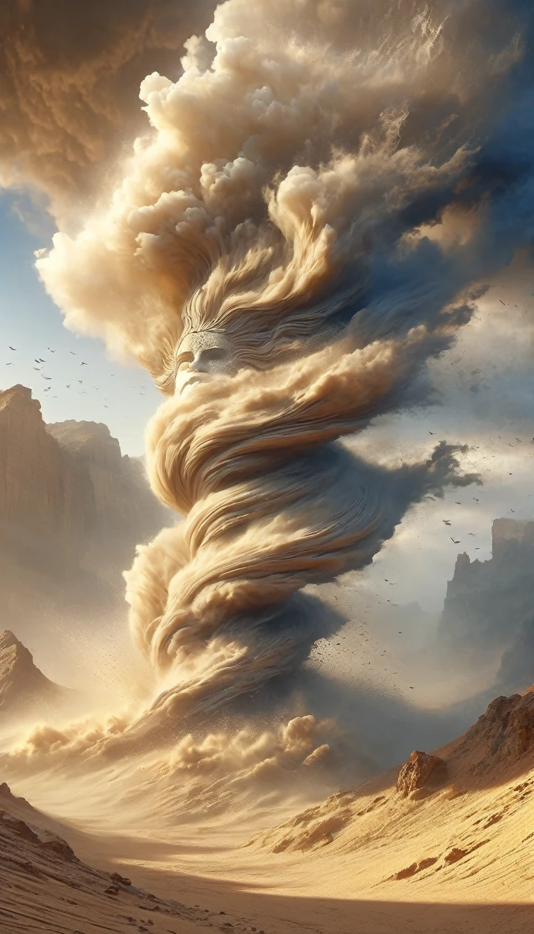(Desert Canyon:1.5),A narrow canyon in the middle of the desert,Sandstorm,tornado, in the style of photograph realistic landscapes, stone sculptures, Cabin Core, stone, in the style of photograph realistic landscapes, Cabin Core, Undulating waves,Decorative background, photograph realistic landscapes, Large canvas format, 32K Ultra HD, photograph, The best quality of imaginary landscapes,4K,8K,High resolution,masterpiece:1.2),Very detailed,(Actual,Realistically,Realistically:1.37),