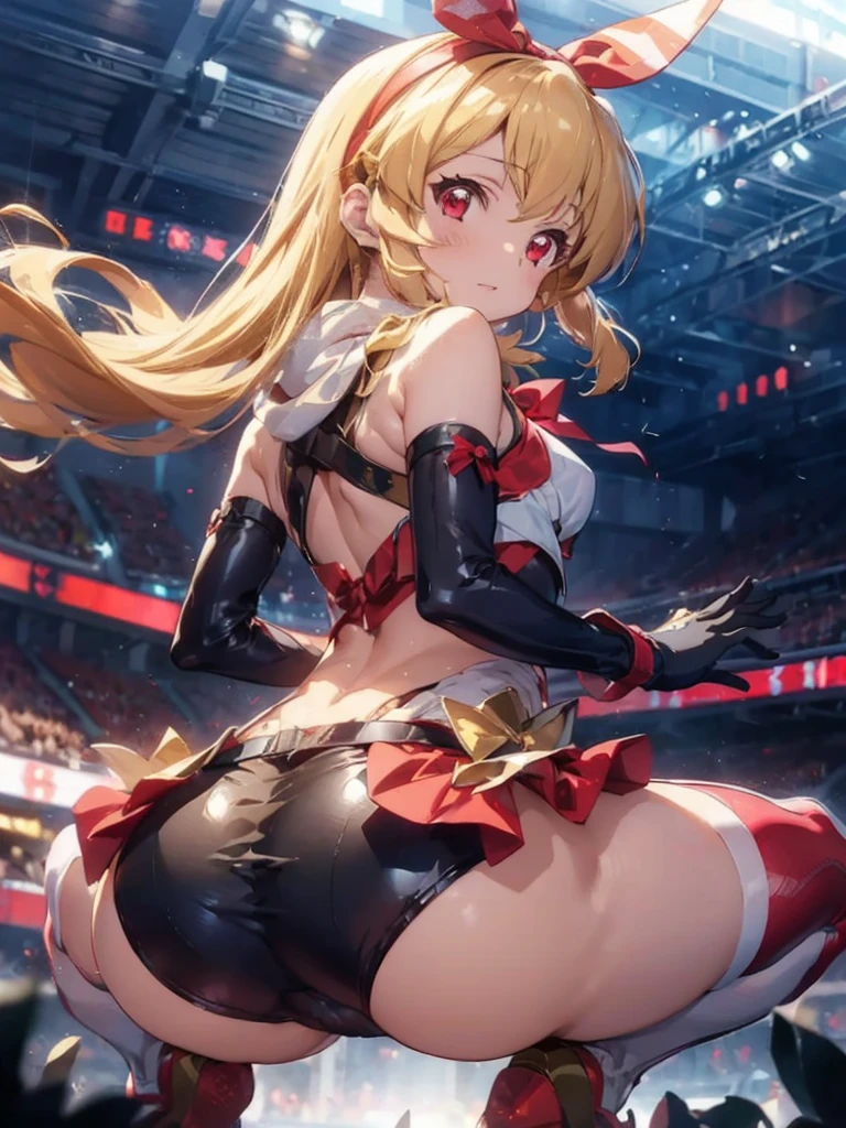 there is a cartoon female in white hot pants with her hip sticking out, (((raise ASS:1.7)),back shot,close up ass,(RED Ribbon on HAIRband:1.2),aikatsu,1 girls,in senki zesshou symphogear style , Blonde long hair,black and RED battle suit,BREAK,ultra-definition, high resolution, ultra-detail CG,caustics, Live stage, in front of super large vision, singing, Battle pose,thgear, 1girl, solo, tachibana hibiki (symphogear), medium breasts, navel, headgear, gloves, gauntlets, body suit, shorts, white scarf,Ichigo Hoshimiya (Aikatsu!),sitting, squating, looking down, look at the viewer, from below