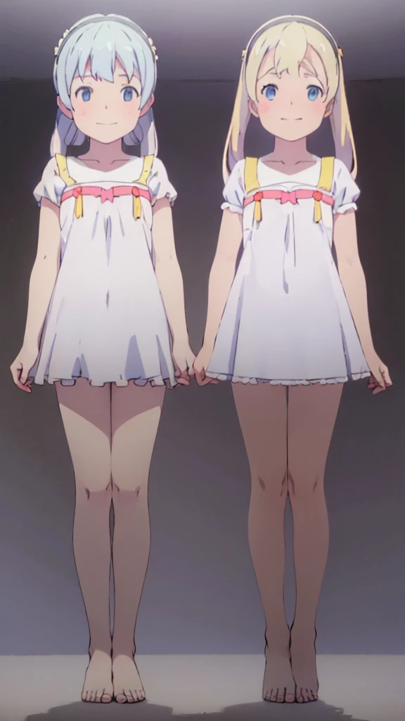 ((masterpiece))((Highest quality))girl、smile、blush、Flat Chest、Are thin、、low length、Blonde、Long twin tails、Embarrassed、Are standing、Angel clothes、Whole body image、Even your toes are visible、Eye level on face、front、No background、mayonnaise、真frontのアングル