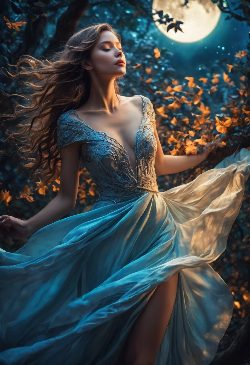Woman in a white dress flies through the air, Draped with flowing fabric, Flowing transparent fabric, Silk, fluttering in the wind, Beautiful flowing fabric, Endless flowing ethereal drapery, flowing sea silk, Long flowing fabric, Flowing realistic fabric, flowy dress, flowing turquoise silk, flowing cloth and smoke, a stunning young ethereal figure, draped with transparent fabric, There is a slight haze of azure all around,