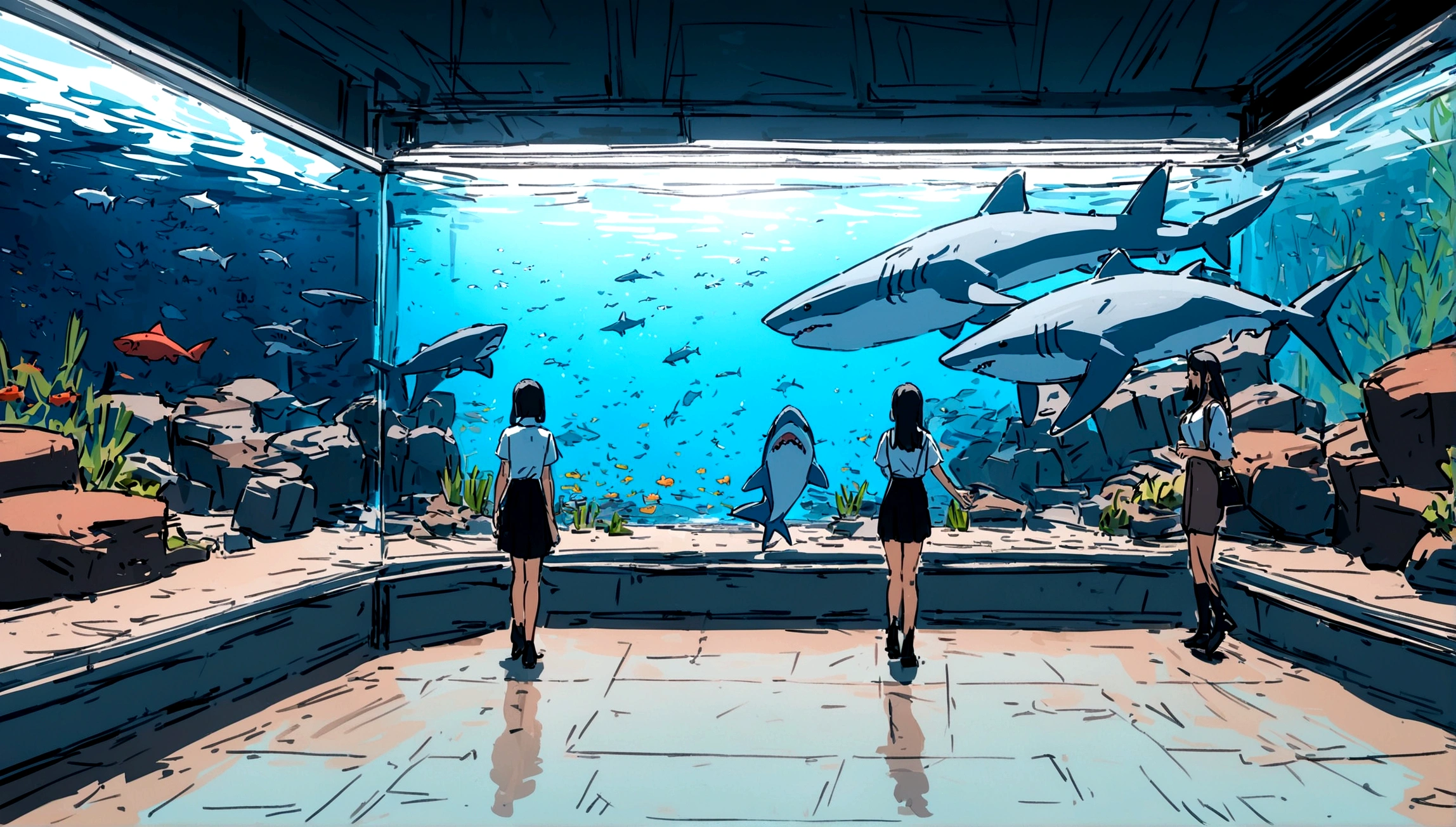 masterpiece,最high quality,Super detailed,High resolution backgrounds,8K,High Resolution,high quality,break,high school student,Man and woman couple,aquarium,shark,Japanese manga style, sketch, Colored pencil
