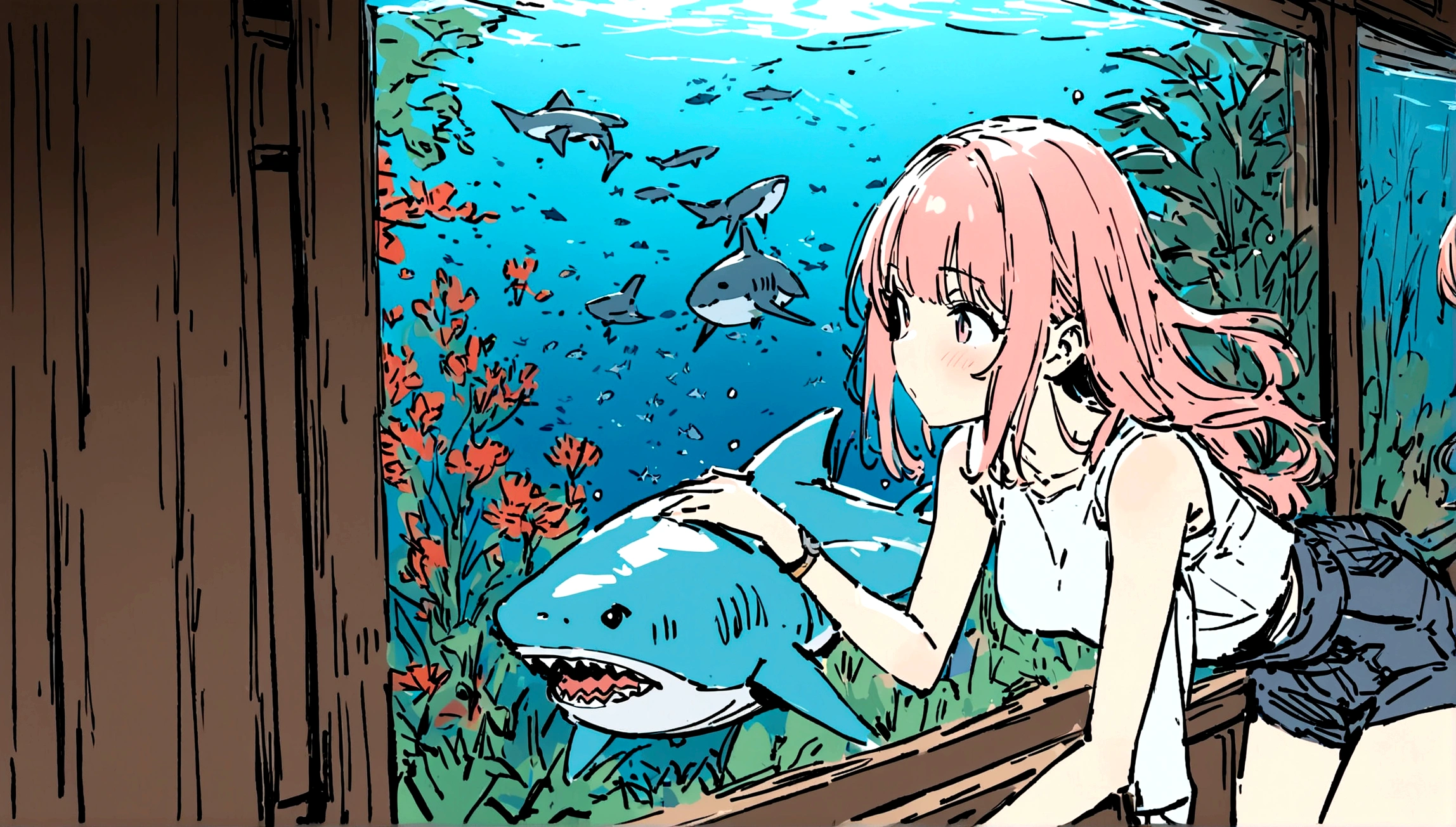 masterpiece,最high quality,Super detailed,High resolution backgrounds,8K,High Resolution,high quality,break,high school student,Man and woman couple,aquarium,shark,Japanese manga style, sketch, Colored pencil