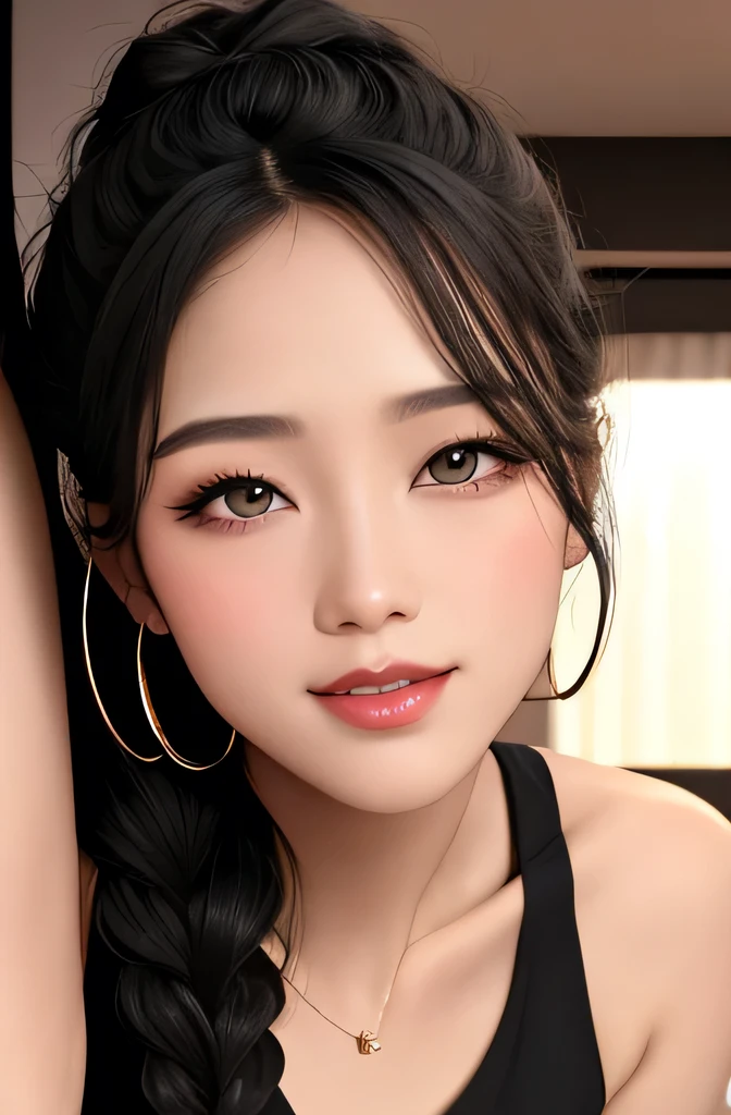 sexy woman, black braided hair, black t-shirt, close-up on face, glossy wet pink lips parted, flawless glowing skin, long beautiful neck