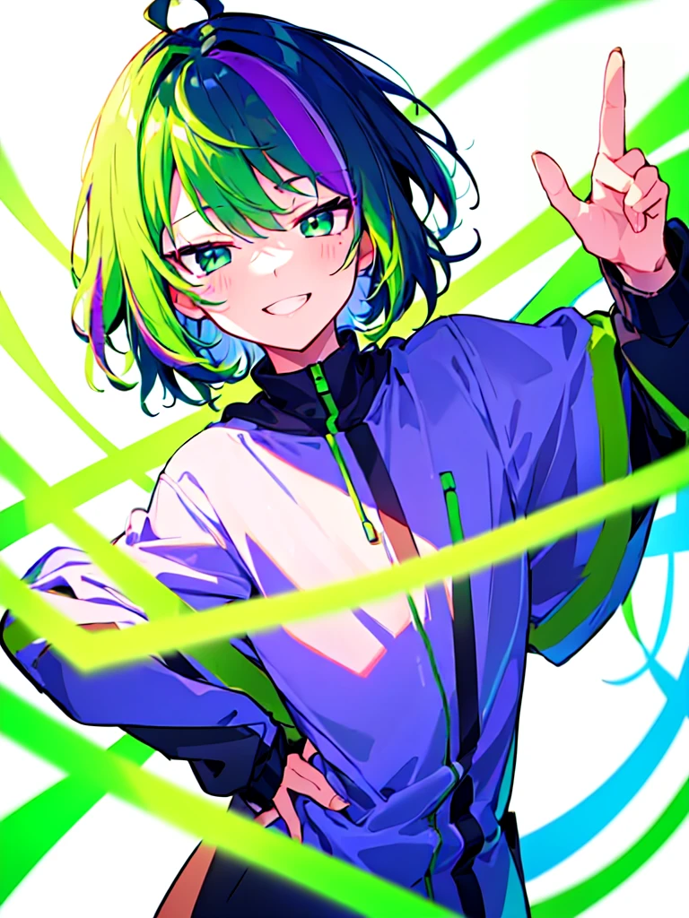 [(WHITE BACKGROUND:1.5),::5], ((((masterpiece)))), high quality, ultra very high resolution, full color, (((solo))), (( boy)), Purple hair, ((Green streaked hair)), (Green eyes), anime, ((upper body)), neon light, black parka, light smile