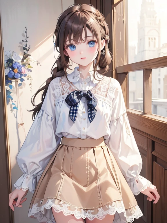 masterpiece, Highest quality, Very detailed, 16K, Ultra-high resolution, Cowboy Shot, -yeld fee, Detailed face, blue eyes, Brown Hair, (french braid), White blouse, sweater, Best, (Checkered lace skirt:1.4), (Abstract expressionism:1.2)