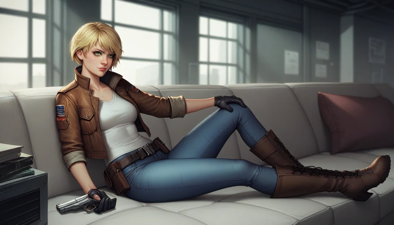 1girl, Heather Mason (Silent Hill 3), blonde hair, short hair, green eyes, one eye glow, 21 years old, leather jacket, gloves, black gloves, jeans, boots, pistol holster, dark warehouse, 1 computer with three led monitors, window, new york cyberpunk, high resolution, masterpiece