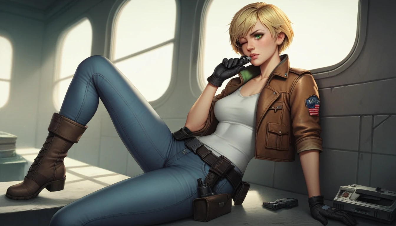 1girl, Heather Mason (Silent Hill 3), blonde hair, short hair, green eyes, one eye glow, 21 years old, leather jacket, gloves, black gloves, jeans, boots, pistol holster, dark warehouse, 1 computer with three led monitors, window, new york cyberpunk, high resolution, masterpiece