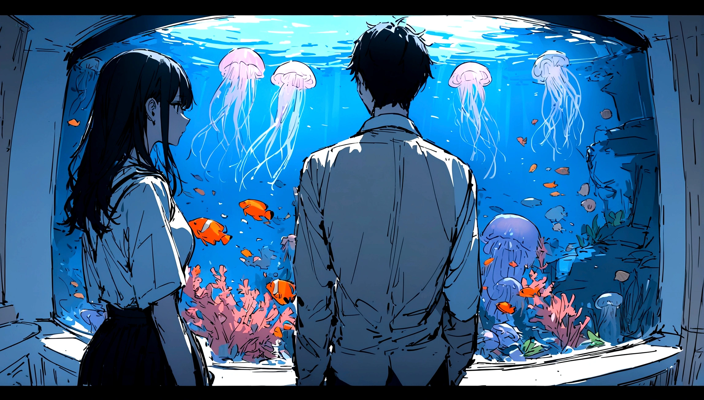 masterpiece,最high quality,Super detailed,High resolution backgrounds,8K,High Resolution,high quality,break,high school student,Man and woman couple,aquarium,jellyfish,Japanese manga style, sketch, Colored pencil
