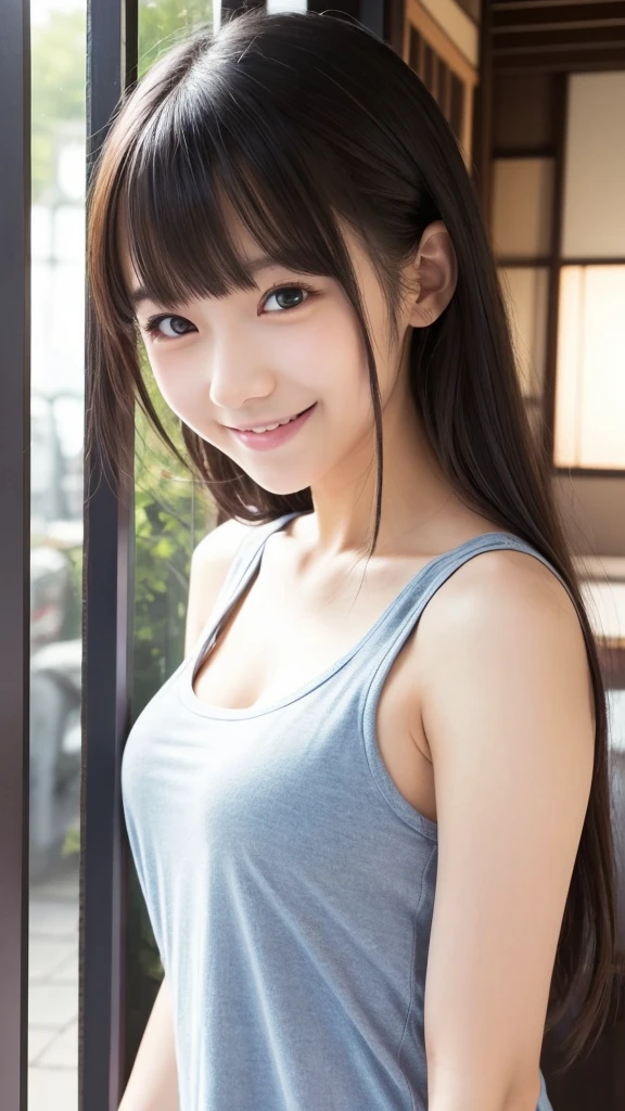 One girl, one girl, one person, mischievous smile, devilish smile, grinning smile, Japanese girl, 20 year old girl, beautiful, pretty face, cute face, mischievous expression, tank top, tank top