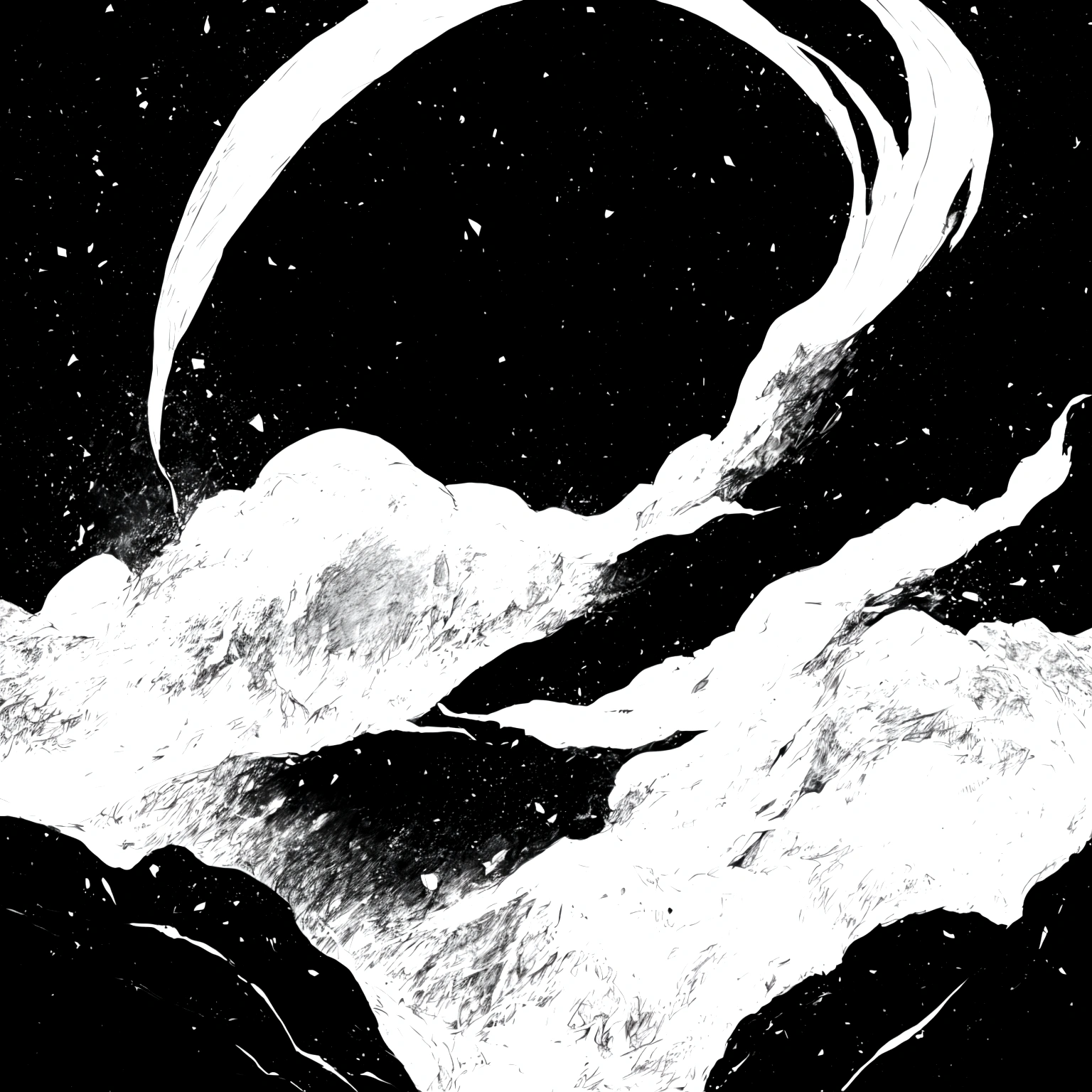 The illusion of white mountains stretching, Black sky,White and black (high quality)
