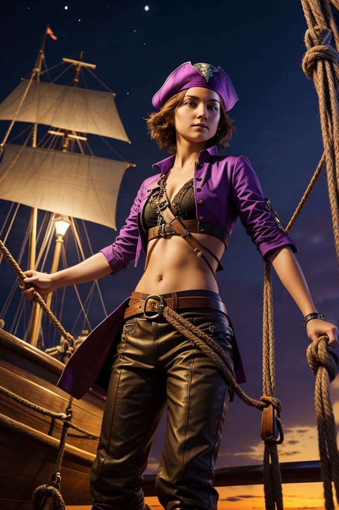 Young female pirate with short hair in purple pirate clothes holding a rope on a ship at night