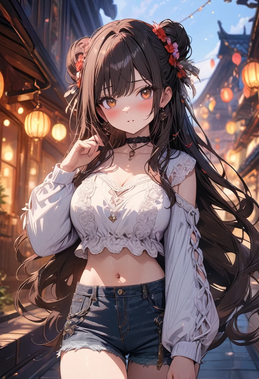 (masterpiece), best quality, very aesthetic, newest, absurdres, detailed, high quality
BREAK
highest quality, top quality, details, highres, ultra fine painting, digital art, official art, cinematic, 4k, 8k resolution, 8K CG wallpaper, CG, original artwork, detailed background, colorful background, blue atmosphere, High Dynamic Range, blurry background, blue hour, Starburst effects, crepuscular rays, good ISO, high resolution, wide shot, from far away, RAW photo, POV, sharp focus, light reflection, reflections, intricate details, soft light, particle noise, professional photography, bokeh, depth of field, natural lighting, vibrant colors, looking away, detailed lights and shadows, stylish, ultra-detailed, top rated on Pixiv, trending on Artstation, niji style, modern-days, master crafted, pose
BREAK
solo, (close up), 1girl, pale skin, correct fingers, detailed hand, (big breasts:1.2), big thighs, small torso, short body, flushtered, blush, anxious expression, embarassed, embarassed act, casual, slim, ((cute, childlike face):1.3), nice body, brown hair, (very long flowing hair), (big 2 buns hairstyle)), long bangs, long hair, middle hair bangs, brown eyes
BREAK
(white loose-fitting crop shirt, long sleeve, denim shorts, choker, casual wear style, detailed tummy, belly button, modern fashion)
BREAK
tranquil park scene, The park features lush, green grass, a variety of trees in different shapes and sizes, and a serene pond reflecting the sky. Scattered benches and winding pathways invite visitors to stroll and relax. Include a vibrant flower garden with a mix of colorful blooms.