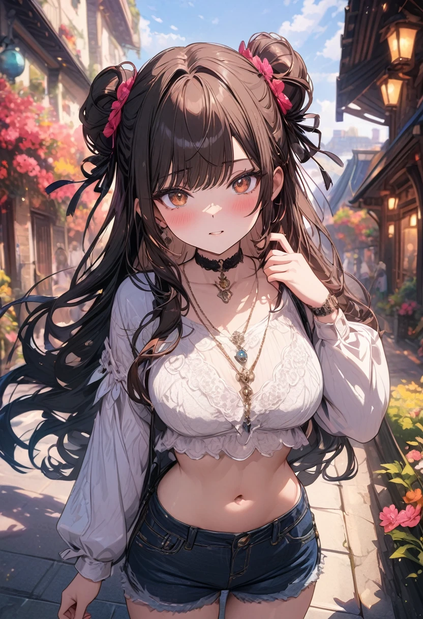 (masterpiece), best quality, very aesthetic, newest, absurdres, detailed, high quality
BREAK
highest quality, top quality, details, highres, ultra fine painting, digital art, official art, cinematic, 4k, 8k resolution, 8K CG wallpaper, CG, original artwork, detailed background, colorful background, blue atmosphere, High Dynamic Range, blurry background, blue hour, Starburst effects, crepuscular rays, good ISO, high resolution, wide shot, from far away, RAW photo, POV, sharp focus, light reflection, reflections, intricate details, soft light, particle noise, professional photography, bokeh, depth of field, natural lighting, vibrant colors, looking away, detailed lights and shadows, stylish, ultra-detailed, top rated on Pixiv, trending on Artstation, niji style, modern-days, master crafted, pose
BREAK
solo, (close up), 1girl, pale skin, correct fingers, detailed hand, (big breasts:1.2), big thighs, small torso, short body, flushtered, blush, anxious expression, embarassed, embarassed act, casual, slim, ((cute, childlike face):1.3), nice body, brown hair, (very long flowing hair), (big 2 buns hairstyle)), long bangs, long hair, middle hair bangs, brown eyes
BREAK
(white loose-fitting crop shirt, long sleeve, denim shorts, choker, casual wear style, detailed tummy, belly button, modern fashion)
BREAK
tranquil park scene, The park features lush, green grass, a variety of trees in different shapes and sizes, and a serene pond reflecting the sky. Scattered benches and winding pathways invite visitors to stroll and relax. Include a vibrant flower garden with a mix of colorful blooms.
