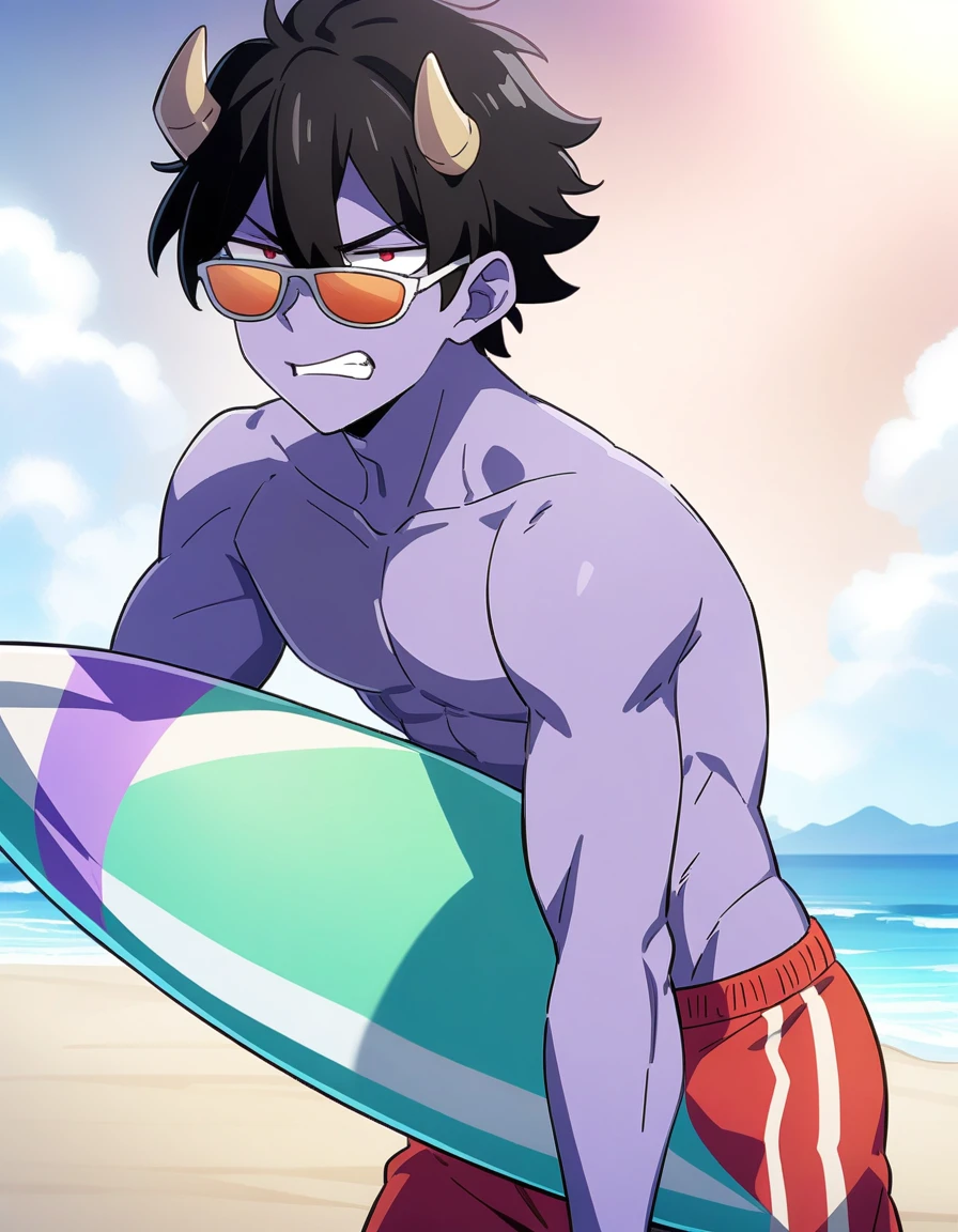 1 chico, purple skin boy, wearing sunglasses, black hair with small horns, short hair shaved on the sides, shirtless, athletic and fit body, anime cartoon, grimace of annoyance, boy looking at viewer, red beach shorts, stocky body, holding surfboard, Masterpiece, Best Quality, very aesthetic, absurdities, on the beach, Tumblr style, cuntje, strokes,
