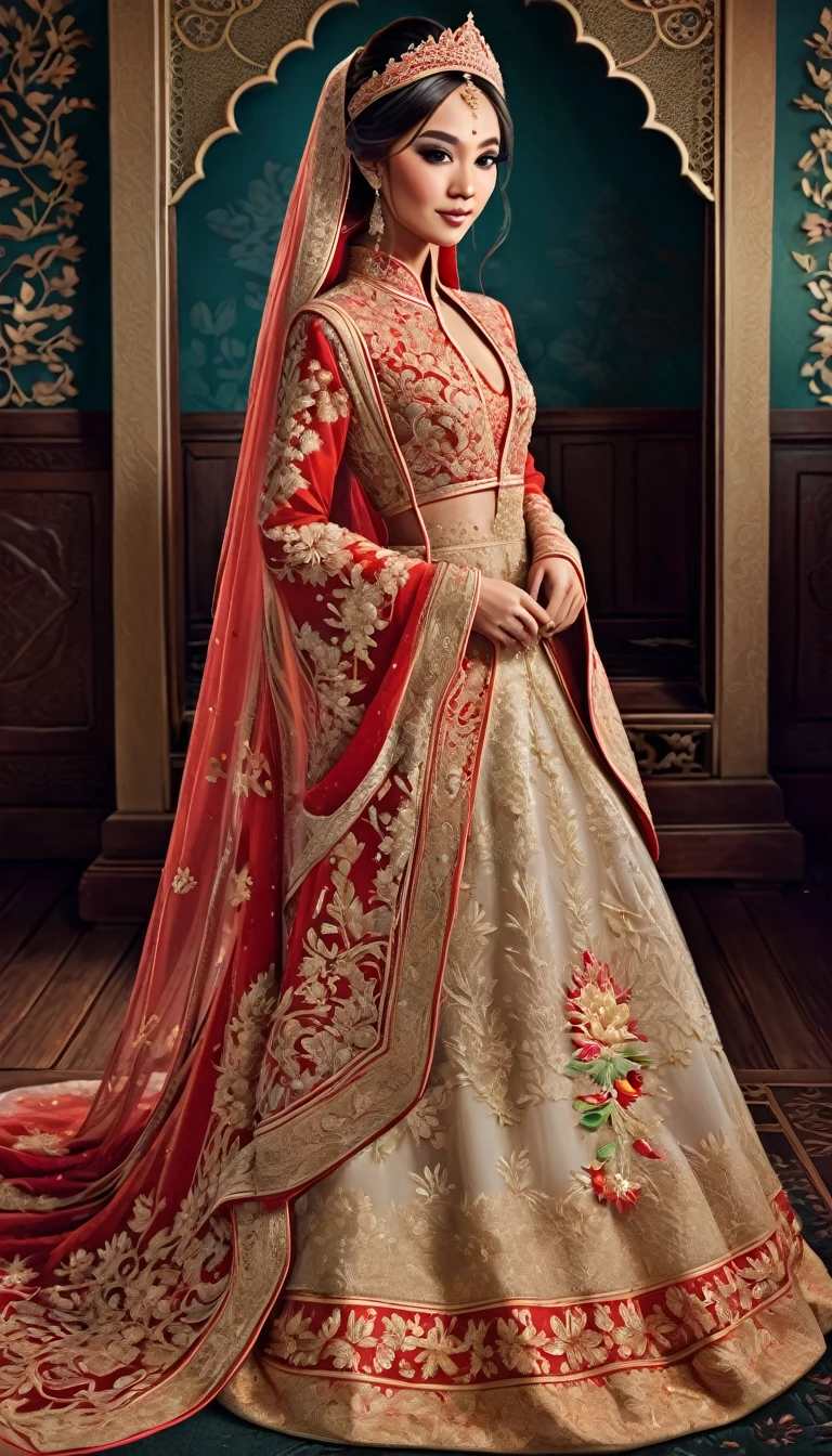 "Create a full-body illustration of an Asian bride, wearing white gown, showing her from head to toe. The bride should be dressed in traditional wedding attire with intricate details, such as ornate embroidery and vibrant colors. The background should be elegant and complement the bride's outfit, enhancing the overall aesthetic of the illustration."