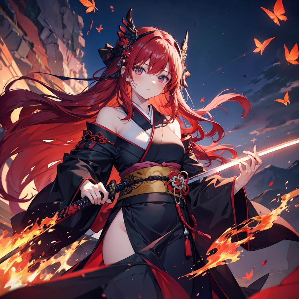 ((((Grasp the sword　1 person))))　(((Redhead　Long Hair　Black kimono　red band　Goddess of victory)))　((Red butterfly　night　Japanese style　shoulder　old))　(moon　star　autumn)　Shining Edge　Shining Background