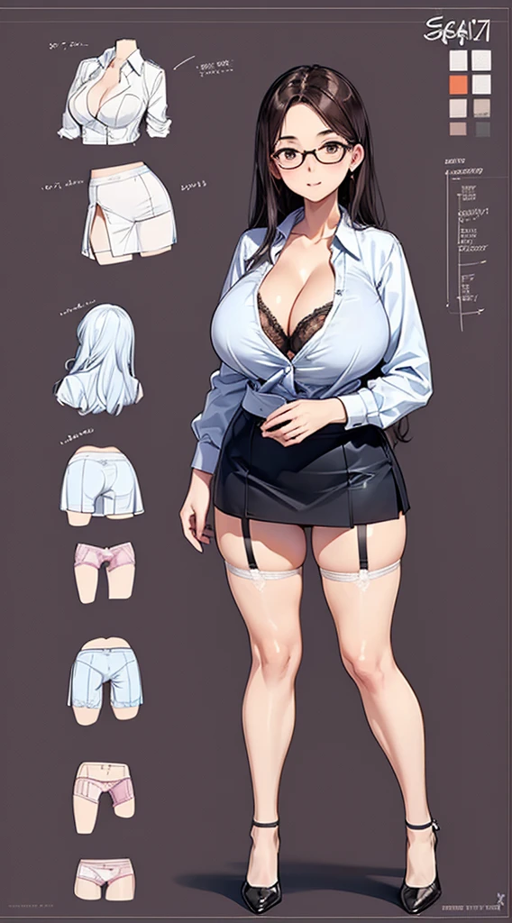 girl, alone, whole body, From head to toe, Are standing, (Huge Saggy Tits:1.3),

Character design sheet, Character Reference Sheet, 設計図のSchematic, Drafting, Blueprint, Schematic,
((Character design sheet:1.7, Character Reference Sheet:1.7,)),

anime/cartoon character wearing a girls , 1girl, alone, ,Mature Woman,Cleavage,Long sleeve,Collared shirt,White shirt,,(Tight Skirt),((garter belt)),(High heels),Skirt Suit,mini skirt,office lady,Long Hair, bow, ,  (Very short skirt:1.4), (lingerie:1.5),secretary,Thin glasses, (In underwear:1.8),nsfw,Full nudity、