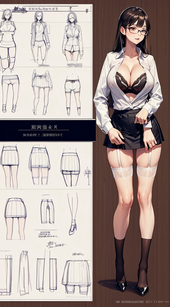 girl, alone, whole body, From head to toe, Are standing, (Huge Saggy Tits:1.3),
Character design sheet, Character Reference Sheet, 設計図のSchematic, Drafting, Blueprint, Schematic,
((Character design sheet:1.7, Character Reference Sheet:1.7,)),
anime/cartoon character wearing a girls , 1girl, alone, ,Mature Woman,Cleavage,Long sleeve,Collared shirt,White shirt,,(Tight Skirt),((garter belt)),(High heels),Skirt Suit,mini skirt,office lady,Long Hair, bow, , (Very short skirt:1.4), (lingerie:1.5),secretary,Thin glasses, (In underwear:1.8),nsfw,Full nudity、