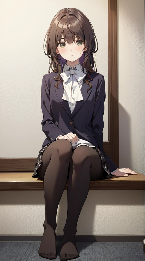 Highest quality, masterpiece, High resolution, (Head to Toe full body), front, frontやや下からの構図, Symmetric, Tall 18 year old girl, alone, (Head to Toe), (Small breasts), Unkempt brown hair, bangs, (black tights), (Black Pantyhose), (Sit with your legs apart), (Crouching pose), (Composition depicting white panties), (Her legs were spread、I see your white pants.), (I was made to sit on the floor with my legs spread...), (M-shaped feet), Thin legs, とても美しくTall 18 year old girl, (No shoes), blush, Shy big eyes, Looking into the camera, Blazer Uniform, Checkered Pleated Skirt