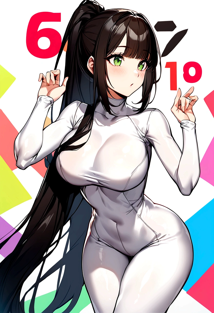 score_9,score_8_up,score_7_up,score_6_up,score_5_up,score_4_up, 1girl, pretty girl, korean women, tall thin body, huge breasts, slim waist, tight sexy ass, very long smooth silken black hair, the hair is styled in a (very long strict tight ponytail) and with bangs, green eyes, small mouth, small nose, wearing a tight white latex body suit
