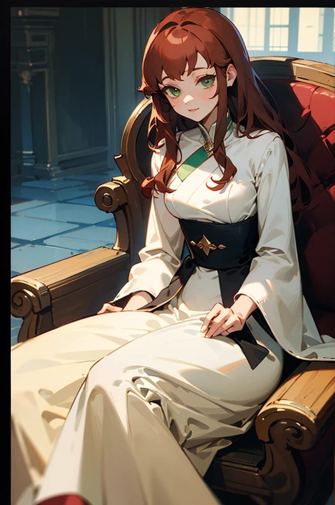 Princess, with collected brown-red hair, green eyes, sitting next to a man, dressed in men's clothing., Elegant & Luxurious((Best quality)), ((masterpiece)), (detailed), perfect face