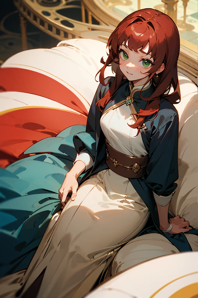 Princess, with collected brown-red hair, green eyes, sitting next to a man, dressed in men's clothing., Elegant & Luxurious((Best quality)), ((masterpiece)), (detailed), perfect face