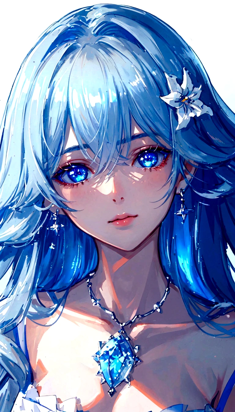masterpiece, Highest quality, figure, Sax Blue, Platinum Earrings, Platinum Necklace, White Dress, One girl, cute, (Dynamic Lighting:1.2), Cinema Lighting, Delicate facial features, Fine grain, Sharp pupils, Realistic students, Depth of written boundary, Bokeh, Sharp focus, (Ultra-detailed, bloom, shine:1.4), Lots of little gems、Water Fairy、The shading is soft、The background is beautiful