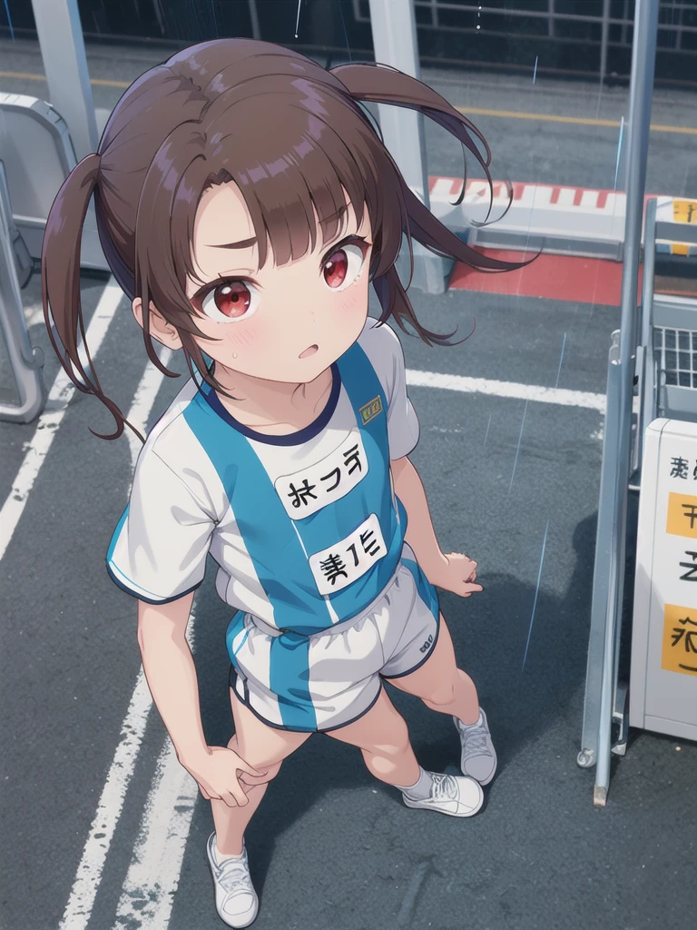 1girl,{{{{A thick brown rope hanging from the sky_cling}}}},Rope climbing,Going up,A view from above,(Aerial),Watching the audience,Outdoor,night,rain,On a grey mat_Are standing,White square bib number,White gym clothes,Red life jacket,Red eyes,Long twin tails,Brown Hair,Eyebrows visible through hair,Flat Chest,,Focus on face,