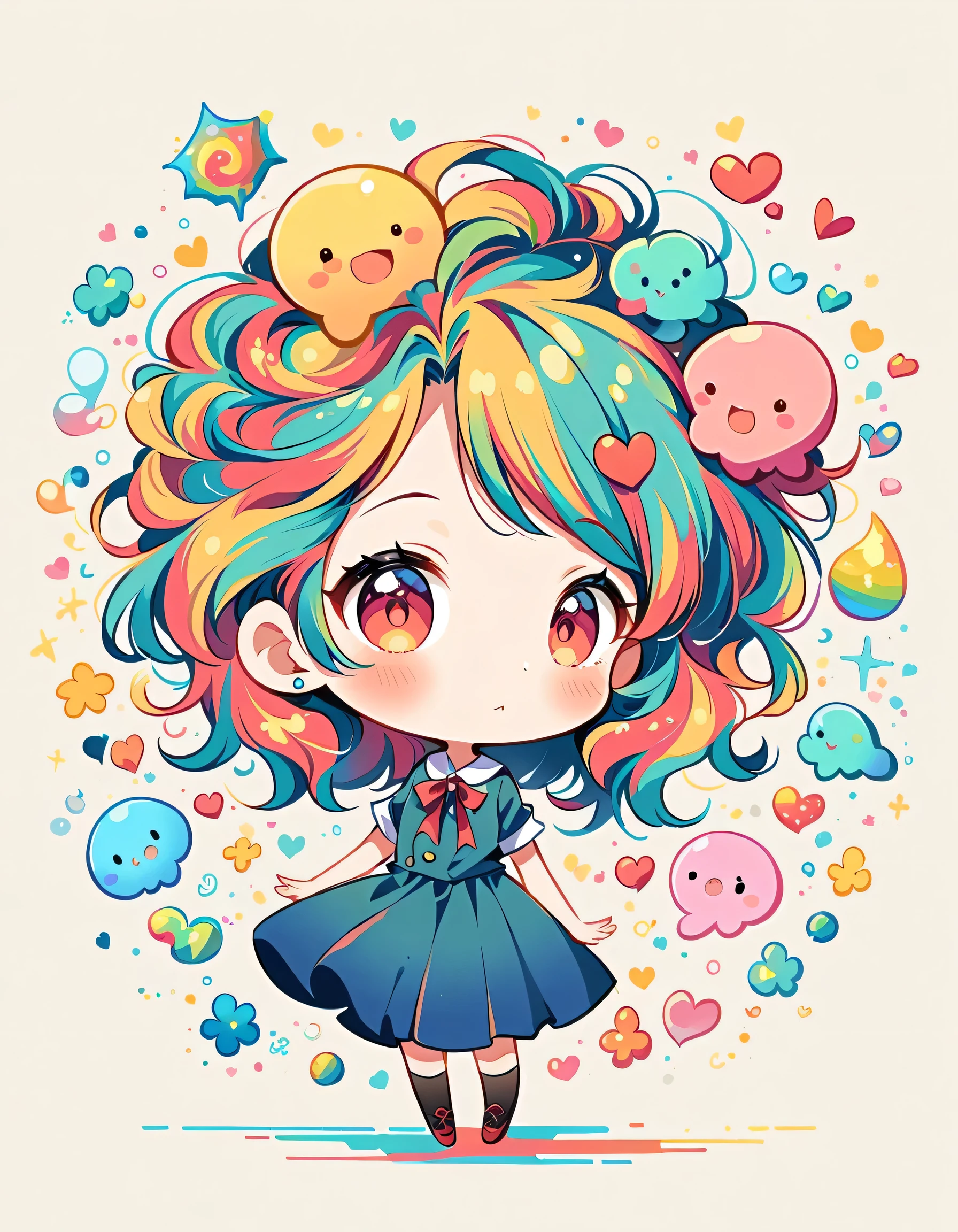Mai Yoneyama style, Simple Line Initialism,Abstract art,Urban Background, colorful hearts ,(((The most beautiful girl of all time))), (((chibi))), (((Cute amoeba))), school room