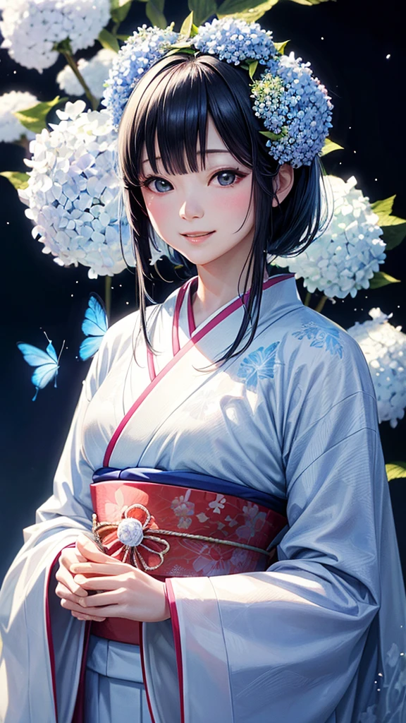 white without dirt Japanese kimono bride Apparition blue sky,Best Quality, Masterpiece, Ultra High Resolution, (Realisticity: 1.4), Original Photo, Cinematic Lighting,butterflyBackground,A kimono with a hydrangea pattern,blue sky,Smiling Hair is a simple black bob