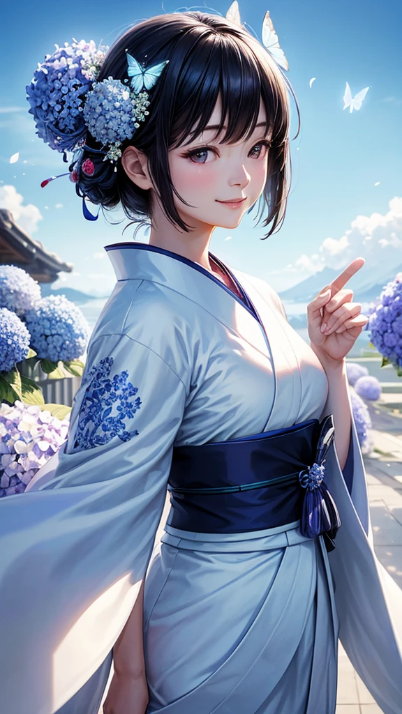 white without dirt Japanese kimono bride Apparition blue sky,Best Quality, Masterpiece, Ultra High Resolution, (Realisticity: 1.4), Original Photo, Cinematic Lighting,butterflyBackground,A kimono with a hydrangea pattern,blue sky,Smiling Hair is a simple black bob