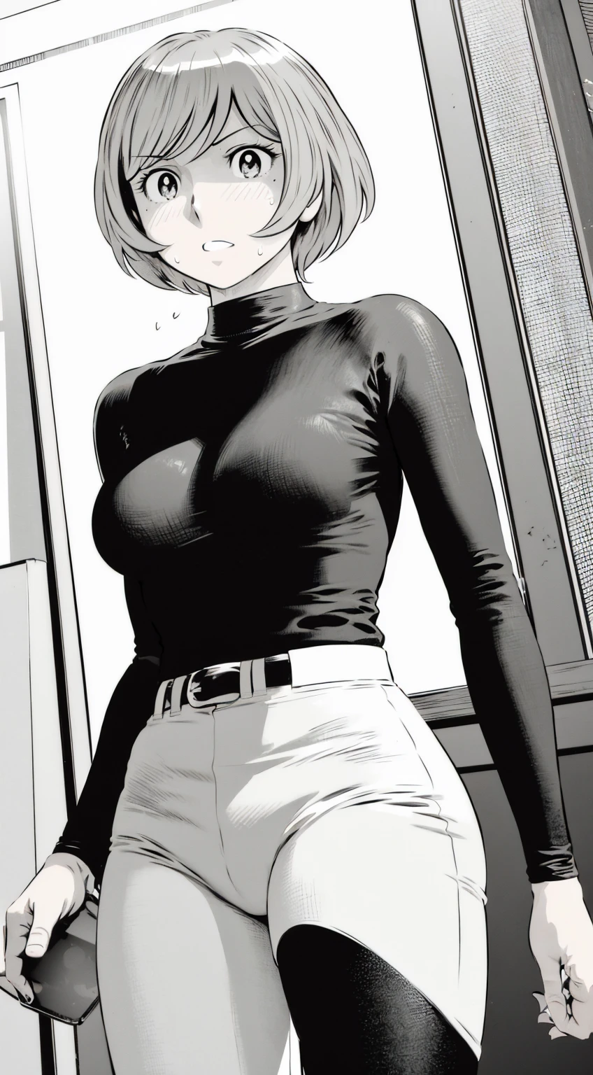 、(masterpiece、Highest quality)、Highest quality, Ultra-high resolution, (((masterpiece))), alone, Sweat、Big eyes,Tight black shirt、Tight white pants、belt、indoor、Composition from the front、(Cut the back hair short、short hair、blonde、woman)、Shortcuts、Embarrassed face、Cut your hair short、可愛いwomanの子、Big Breasts、Inside the room、Full Color、Baseball uniform