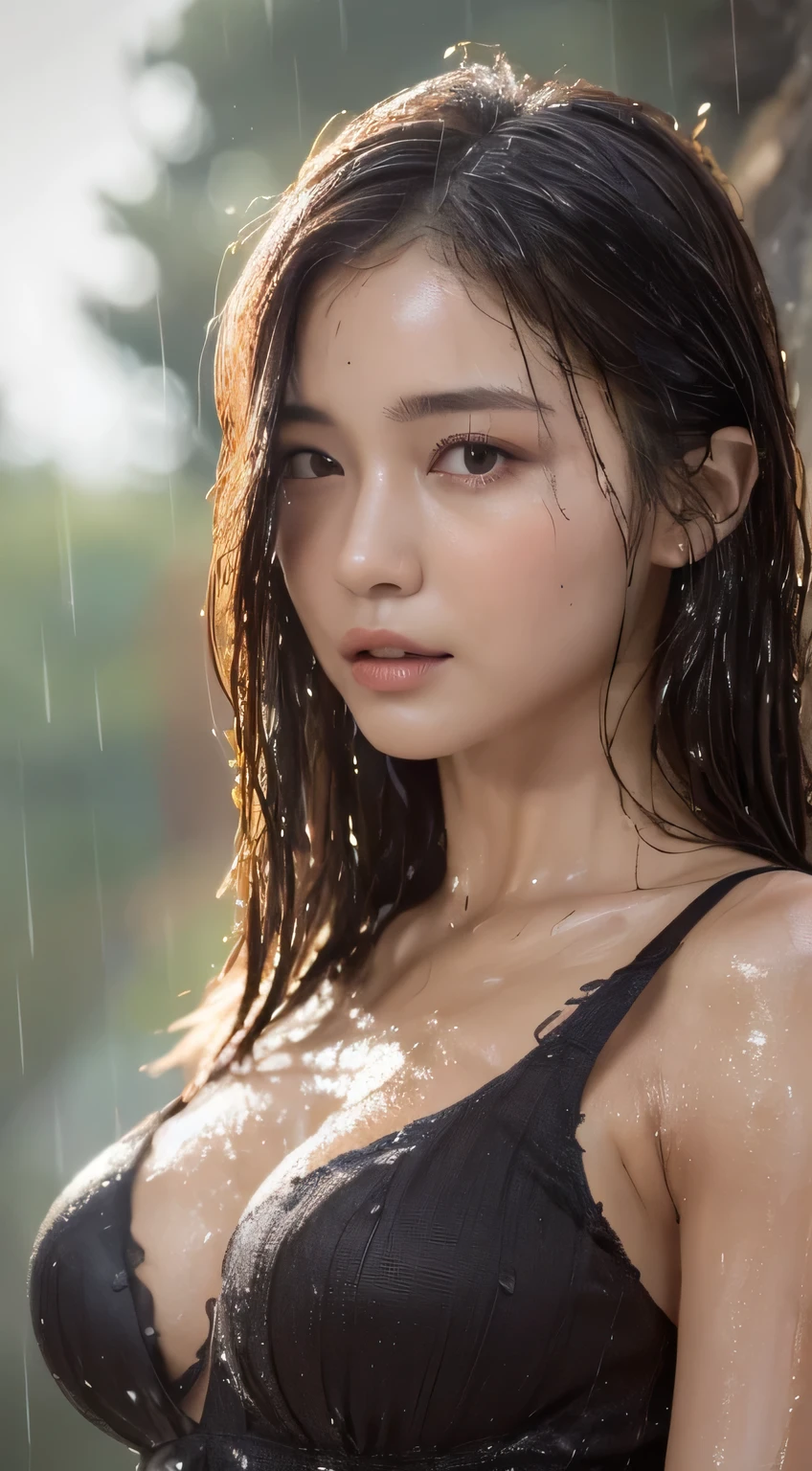 (Top Quality, 8k, Masterpiece: 1.3), Beautiful Woman, Female 1 Person, (Breasts, Attractive Body: 1.2), Abs: 1.1, Dark Brown Hair: 1.1, (Wet Rain, Wet Body: 1.2), Ultra High Detail Face, Detailed Lips, Detailed Eyes, Double Eyelids