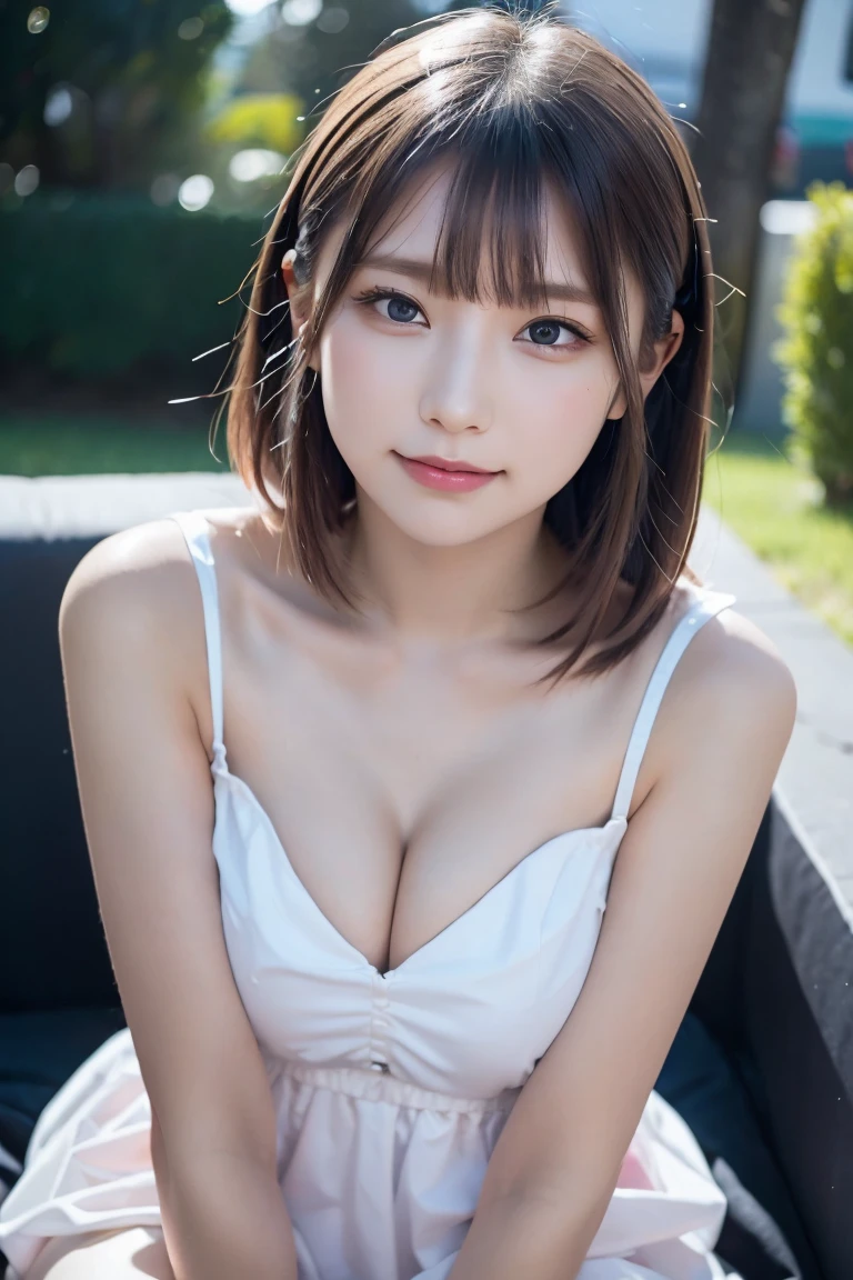 masterpiece, highest quality, 8k,Ultra-high resolution、Head to knee photo、 20th Generation, Large Breasts, cute, alone, Please smile faintly, cute, girly, cute、Delicate girl, Pure beauty, RAW Photos, Professional photography, Soft Light, Professional Lighting, Backlight, avert your eyes, Sophisticated, Film Grain, (Eye and facial details:1.0), Floating Hair、Messy Hair、Wavy long hair、Asymmetrical bangs, Round face、Young Face、(Large Breasts:1.0)、nipple protrusions are clearly visible,、(Grayish pink dress)、Voluptuous thighs、Translucent white skin、dolly make、(Odd Eye、Heterochromia iridis、golden eye silver eye、The irises of the left and right eyes are different colors)