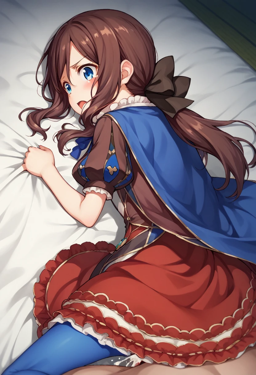 One girl, blue eyes, Long Hair, Brown Hair, Side Lock, Low Ponytail, ribbon, dress, White shirt, Puffy sleeves, Short sleeve, Red Skirt, Cape, Blue Pantyhose, ,Young Girl,From the back,女をrape,Intense penetration sex,Creampie Sex,rape,rapeで気持ちよくなっている,At the peak,Research Room,