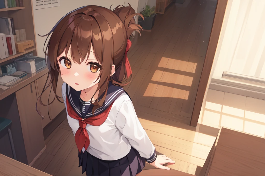 (masterpiece, best quality:1.2),illustration,8k,hd,1girl,solo,upper body,(portrait:1.2),brown_hair,folded_ponytail,brown_eyes,serafuku,long_hair,school_uniform,skirt,pleated_skirt,
