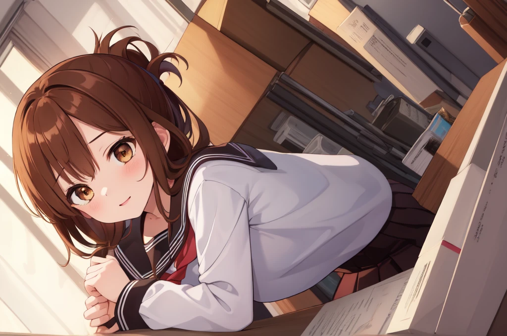 (masterpiece, Highest quality:1.2),figure,8K,High resolution,One girl,alone,Upper Body,(Portraiture:1.2),brown_hair,Folded_ponytail,brown_eye,Seraphim,length_hair,School_uniform,skirt,Pleats_skirt,