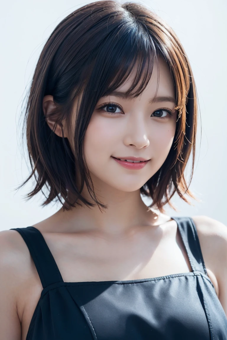 1 girl,(wearing colorful stage costume:1.2),very beautiful japanese idol portrait,close up of face,(RAW photo,best quality),(real,realistic:1.4),(masterpiece),very delicate and beautiful,very detailed,2k wallpaper,amazing,finely detailed,highly detailed CG Unity 8K wallpaper,very detailed,high resolution,soft light,beautiful detailed girl,very detailed eyes and face,beautiful refined nose,finely beautiful eyes,cinema lighting,(simple light color background:1.3),(short hair),(bob),full anatomy,slender body,small breasts,smiling