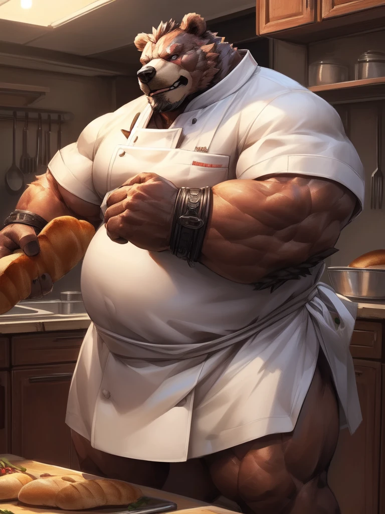 [lindong, lucusold], a man with a huge bear making a bread, kitchen , ((muscular, belly)), chef uniform, thicc, giant and muscular, danbooru and artstation, heavy detailed, insanely inflated hips, proportionally arms, commission for high res, detailed but rough, semirealistic:1.3