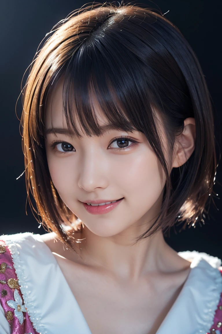 1 girl,(wearing colorful stage costume:1.2),very beautiful japanese idol portrait,close up of face,(RAW photo,best quality),(real,realistic:1.4),(masterpiece),very delicate and beautiful,very detailed,2k wallpaper,amazing,finely detailed,highly detailed CG Unity 8K wallpaper,very detailed,high resolution,soft light,beautiful detailed girl,very detailed eyes and face,beautiful refined nose,finely beautiful eyes,cinema lighting,(simple light color background:1.3),(short hair),(bob),full anatomy,slender body,small breasts,smiling,