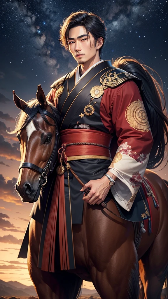 Make an handsome Japanese Man with Horse looking in the Sky decorated with countless stars and moon 