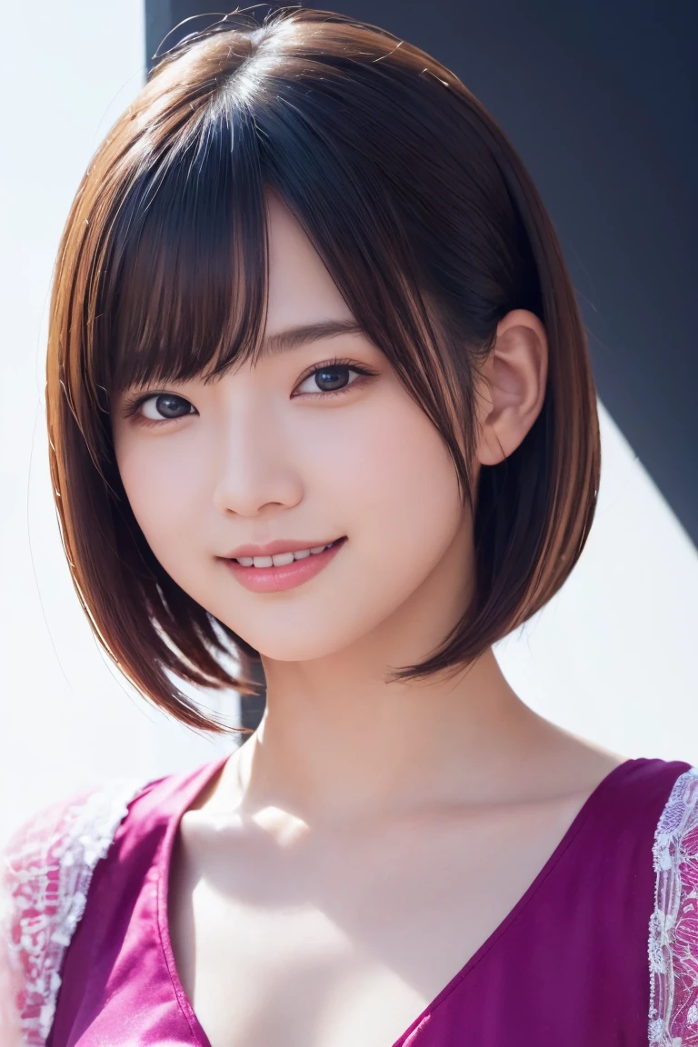 1 girl, (Wearing colorful stage costumes:1.2), Very beautiful Japanese idol portraits, Face close-up, (RAW Photos, highest quality), (Realistic, Realistic:1.4), (masterpiece), Very delicate and beautiful, Very detailed, 2k wallpaper, wonderful, finely, Very detailed CG Unity 8K wallpaper, Very detailed, High resolution, Soft Light, Beautiful detailed girl, Very detailed目と顔, Beautiful and sophisticated nose, Finely beautiful eyes, Cinema Lighting, (Simple light color background:1.3), (short hair), (Bob), Complete Anatomy, Slender body, Small breasts, smile