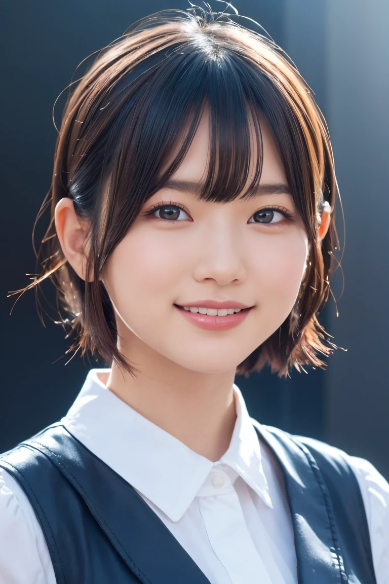 1 girl, (Wearing colorful stage costumes:1.2), Very beautiful Japanese idol portraits, Face close-up, (RAW Photos, highest quality), (Realistic, Realistic:1.4), (masterpiece), Very delicate and beautiful, Very detailed, 2k wallpaper, wonderful, finely, Very detailed CG Unity 8K wallpaper, Very detailed, High resolution, Soft Light, Beautiful detailed girl, Very detailed目と顔, Beautiful and sophisticated nose, Finely beautiful eyes, Cinema Lighting, (Simple light color background:1.3), (short hair), (Bob), Complete Anatomy, Slender body, Small breasts, smile