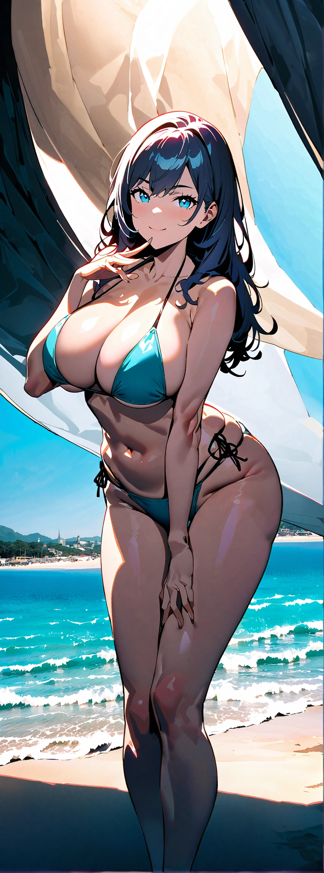 ((Highest quality、、masterpiece:1.3)), Upper Body、Long legs、Sharp focus:1.2, Beautiful woman with perfect figure:1.4、((Big Breasts:1.2)), (Smiling:1.2), double eyelid、30-year-old female、Sexy pose、((((bikini、Beach))))、Blue Eyes,(((Close your mouth、Standing posture)))、One Woman、