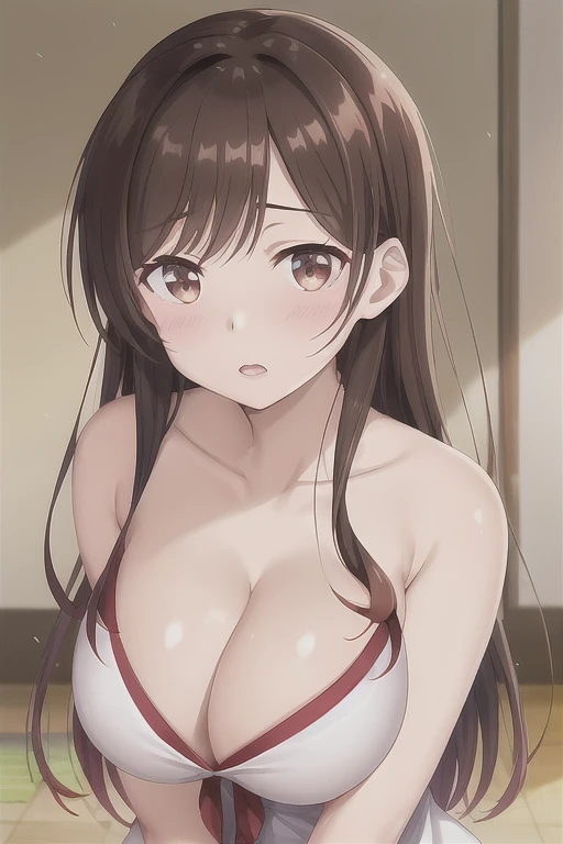 Chizuru, One girl, 一人in, length_hair, Looking_in_Audience, blush, Open_mouth, 前hair, Simple_background, brown_hair, brown_eye, clavicle, upper_body, Broke up_lips, Shiny, Shiny_hair、Cleaned up_前hair, Big Breasts、Expose、Completely naked、tits