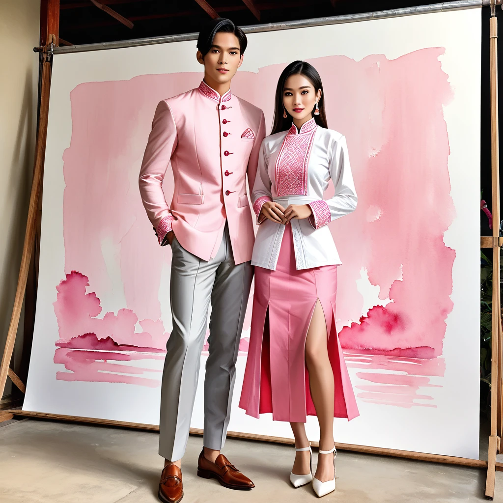 candid fashion illustration of two young man and women, 20-27 year old, adorned in a meticulously crafted North Thai Lanna traditional costume, ((showcase in cotton handwoven outfit in pink)), simple elegant style, The man wears a simple long-sleeved white mandarin collar suit, paired with Tailor pants, and oxford shoes, The woman complements him with ankle-length pencil skirt, with simple minimal patterns details, fitted intricately decorated blouse that complements the skirt, Captured in full-body image, stand still, look at the viewer, ((the imperfect backdrop)), sketching, realistic drawing, imperfect water color painting, fashion look book, fashion illustrator, sketch design, the image boasts high-quality, Lanna style, North Thai traditional costume, natural pink.