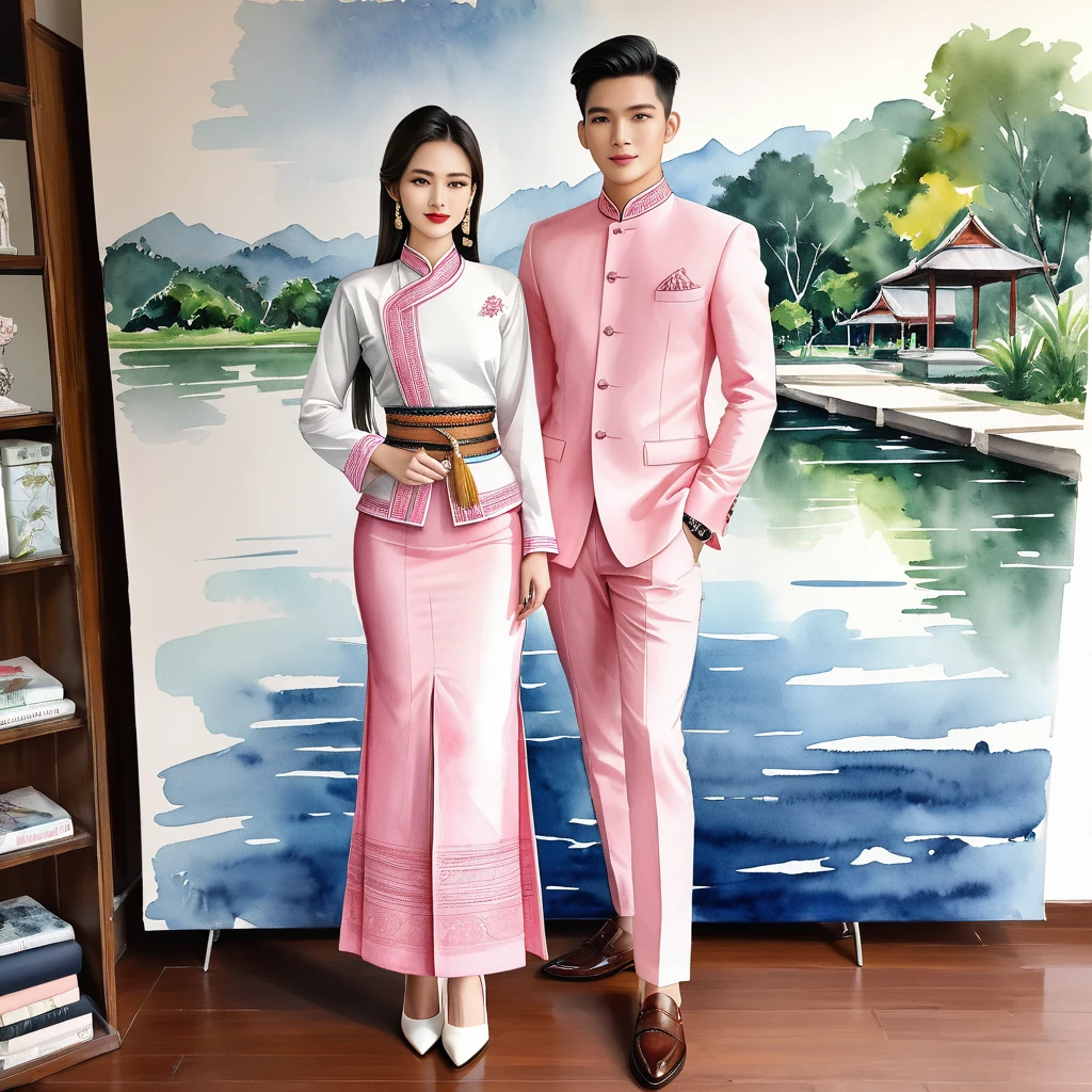 candid fashion illustration of two young man and women, 20-27 year old, adorned in a meticulously crafted North Thai Lanna traditional costume, ((showcase in cotton handwoven outfit in pink)), simple elegant style, The man wears a simple long-sleeved white mandarin collar suit, paired with Tailor pants, and oxford shoes, The woman complements him with ankle-length pencil skirt, with simple minimal patterns details, fitted intricately decorated blouse that complements the skirt, Captured in full-body image, stand still, look at the viewer, ((the imperfect backdrop)), sketching, realistic drawing, imperfect water color painting, fashion look book, fashion illustrator, sketch design, the image boasts high-quality, Lanna style, North Thai traditional costume, natural pink.