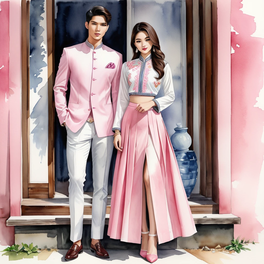 candid fashion illustration of two young man and women, 20-27 year old, adorned in a meticulously crafted North Thai Lanna traditional costume, ((showcase in cotton handwoven outfit in pink)), simple elegant style, The man wears a simple long-sleeved white mandarin collar suit, paired with Tailor pants, and oxford shoes, The woman complements him with ankle-length pencil skirt, with simple minimal patterns details, fitted intricately decorated blouse that complements the skirt, Captured in full-body image, stand still, look at the viewer, ((the imperfect backdrop)), sketching, realistic drawing, imperfect water color painting, fashion look book, fashion illustrator, sketch design, the image boasts high-quality, Lanna style, North Thai traditional costume, natural pink.