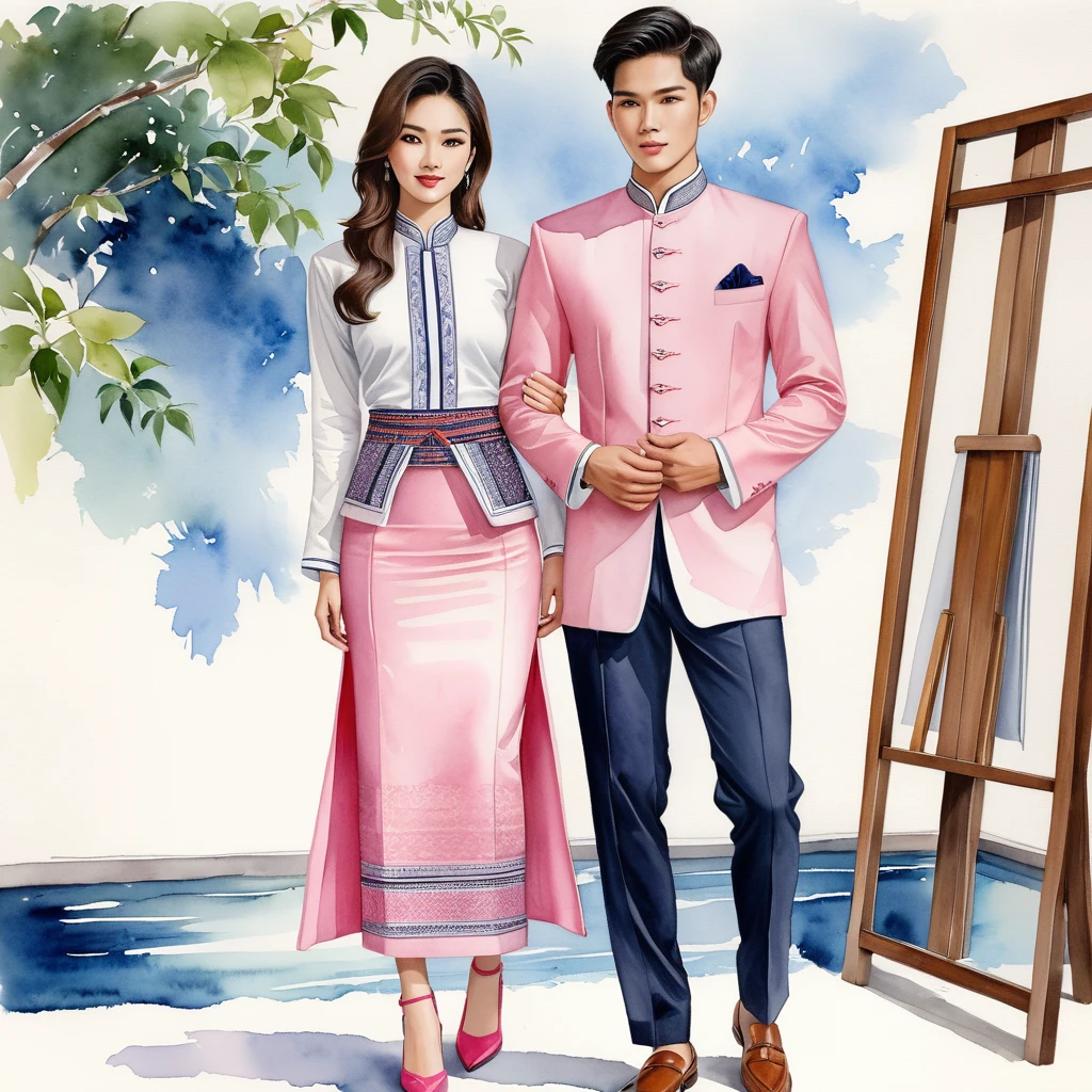candid fashion illustration of two young man and women, 20-27 year old, adorned in a meticulously crafted North Thai Lanna traditional costume, ((showcase in cotton handwoven outfit in pink)), simple elegant style, The man wears a simple long-sleeved white mandarin collar suit, paired with Tailor pants, and oxford shoes, The woman complements him with ankle-length pencil skirt, with simple minimal patterns details, fitted intricately decorated blouse that complements the skirt, Captured in full-body image, stand still, look at the viewer, ((the imperfect backdrop)), sketching, realistic drawing, imperfect water color painting, fashion look book, fashion illustrator, sketch design, the image boasts high-quality, Lanna style, North Thai traditional costume, natural pink.