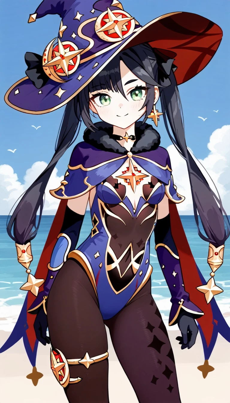 masterpiece,Ultra HD,score_9, score_8_superior, score_7_superior, score_6_superior,score_4_superior BREAK source_anime,可愛いanimeイラスト, One girl, alone, Mona XL, Long black hair, Green Eyes, tsurime, Twin tails, Medium chest, Witch Hat, Body stockings, leotard, Elbow hand pockets, Thigh guard, fur-trimmed capelet,beach,View your viewers,smile,Swimming in the sea